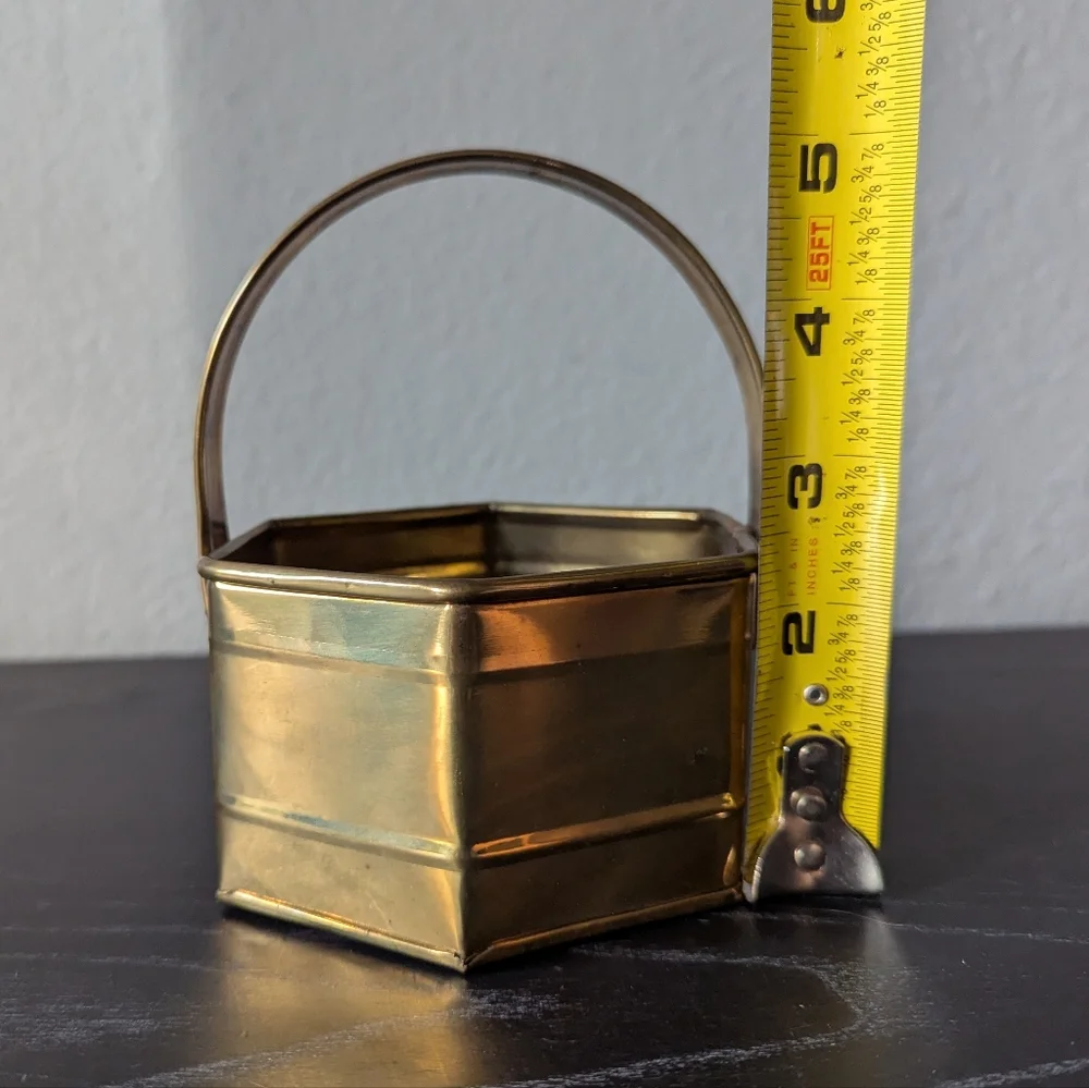 Vintage Solid Brass Small Hexagon Basket W/ Fold Down Handle 2.5'' X 4
